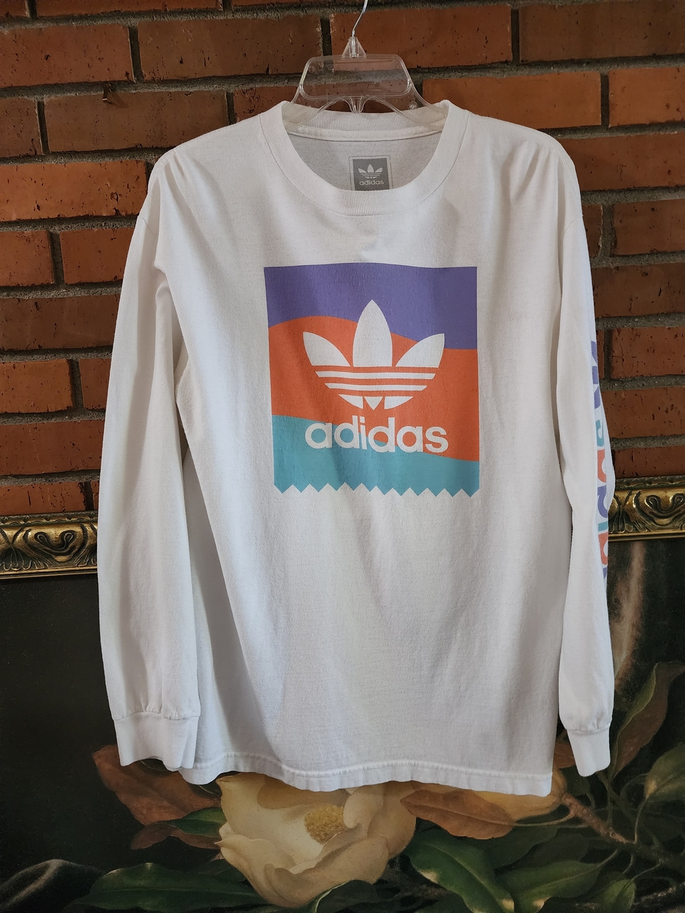 adidas White Long Sleeve Tee with Purple, Orange & Teal Trefoil